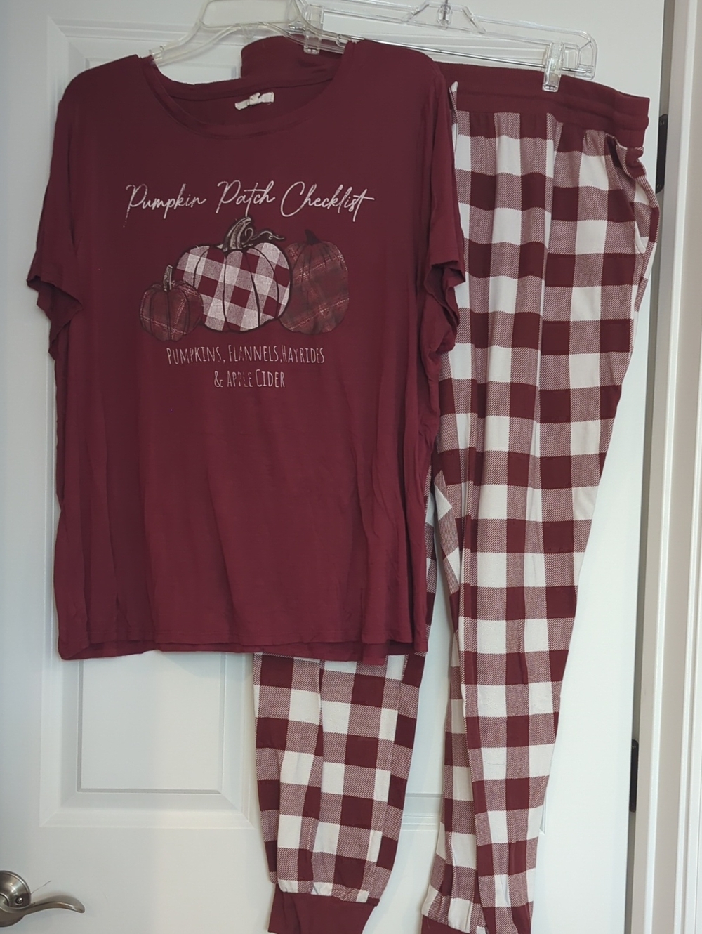 Pumpkin Patch Checklist Women's Pajama Set - Burgundy Plaid